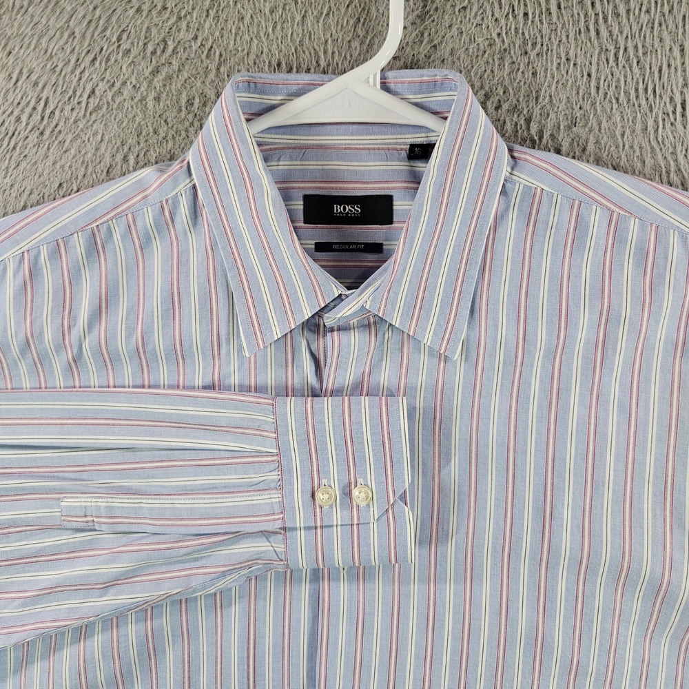 Hugo Boss Regular Fit Striped Dress Shirt Mens 16 32/33 Blue Red Brady US Cotton